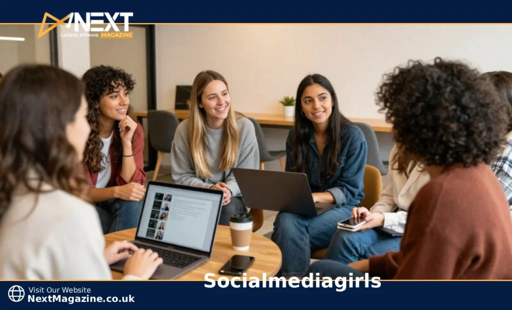 Women using laptops in modern workspace discussing social media girls forums and online communities