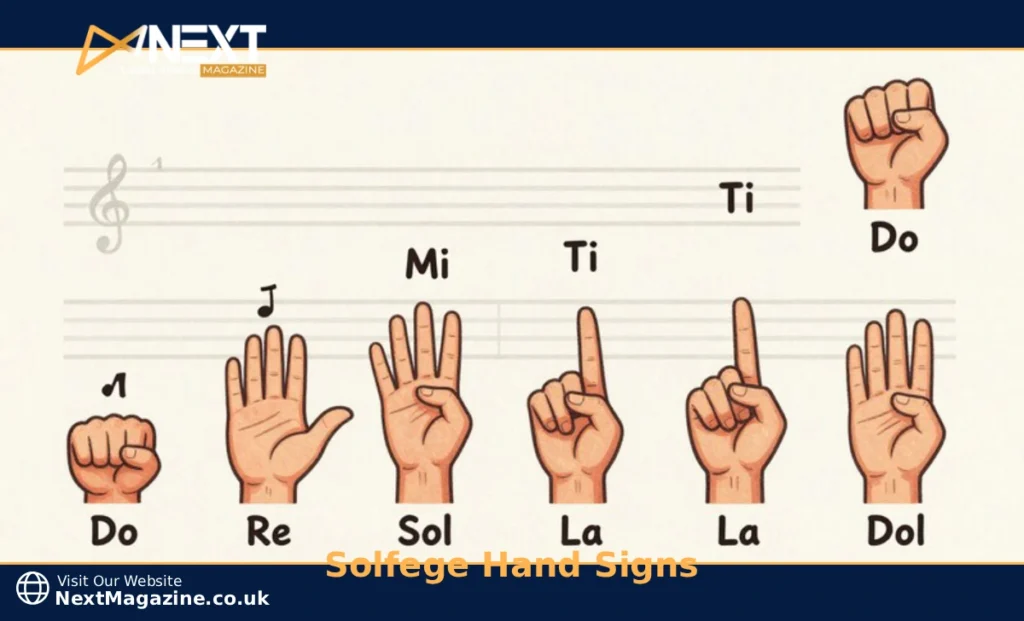 Solfege hand signs chart showing all eight hand positions from Do to Ti with correct height placement for music students