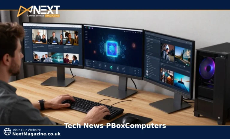 Tech news PBoxComputers 2025 showing modern AI workstation with multiple monitors displaying gaming hardware and quantum computing updates
