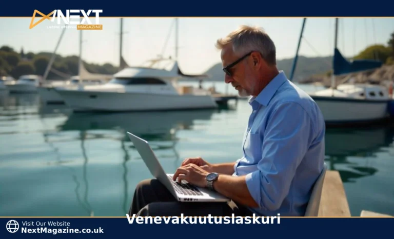 Finnish boat owner using venevakuutuslaskuri boat insurance calculator on laptop at marina with sailboats in background