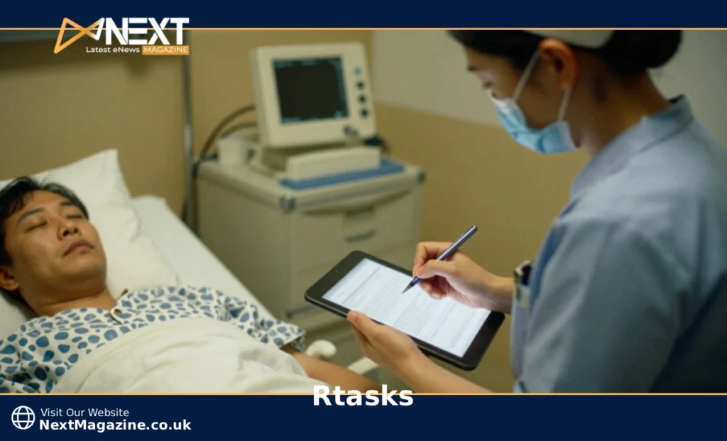 RTasks software interface on tablet showing medication records and task scheduling for assisted living facility nurse