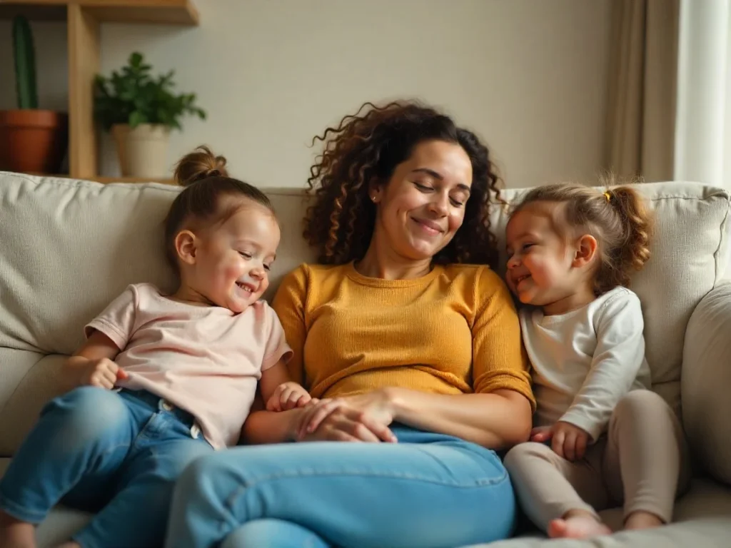 A tired parent sitting on a couch with young kids, showing real-life parenting overwhelm at home