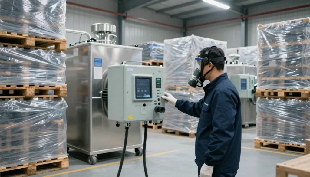 Commercial warehouse fumigation process in a large food storage facility, with sealed tarps and pest control professionals preparing the space for gas treatment to eliminate pests.
