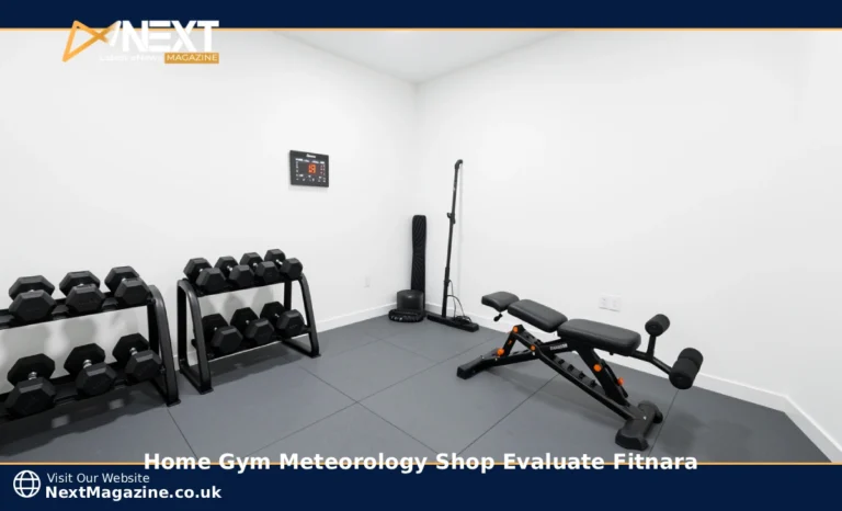 Compact home gym setup with dumbbells, bench, and wall-mounted climate monitor showing temperature and humidity readings