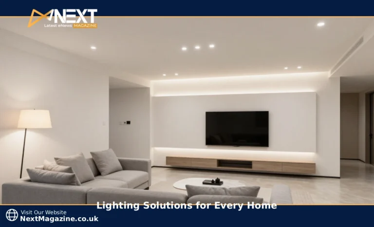Home living room with layered lighting solutions including LED and smart lights
