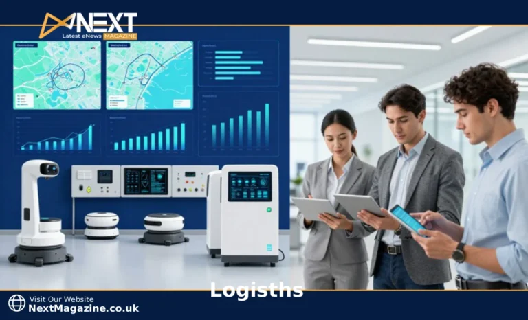 Logisths platform dashboard showing AI-powered logistics tracking with supply chain professionals analyzing data