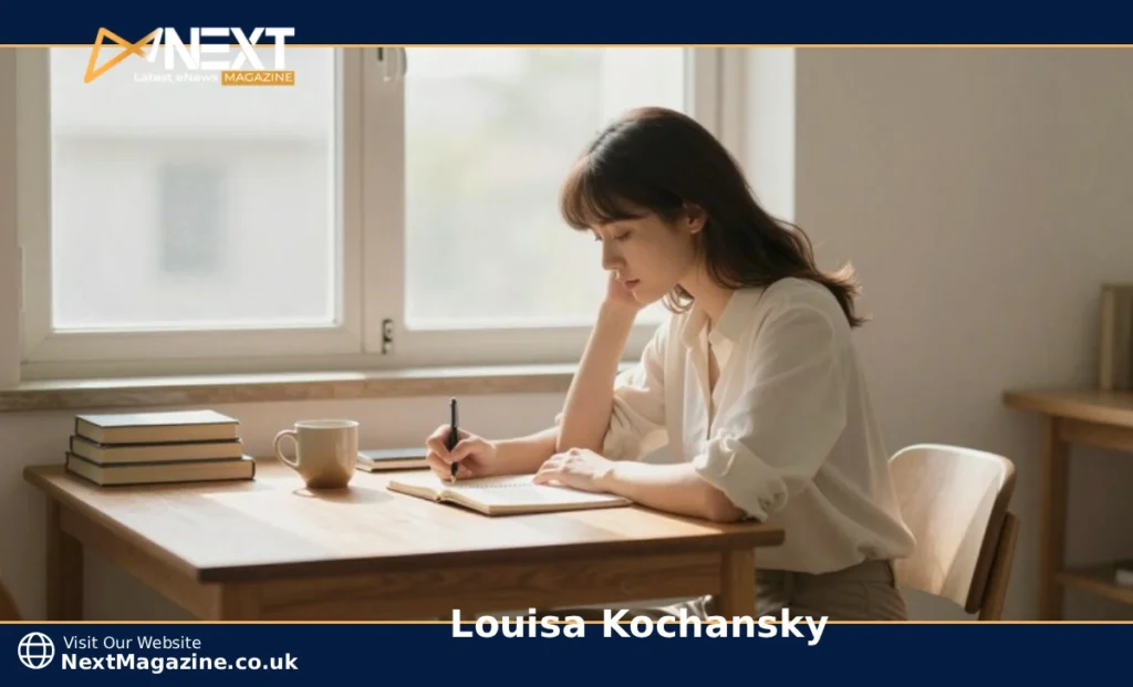 Woman practicing Louisa Kochansky storytelling techniques while writing in quiet minimalist workspace with natural light