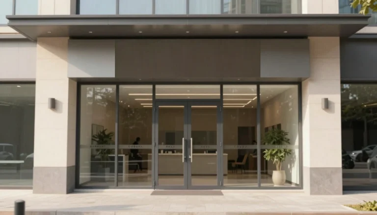 Freshly painted commercial building entrance with clean walls and a professional business exterior conveying trust and quality.