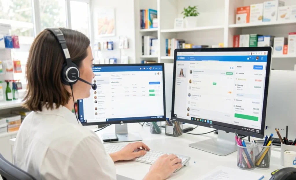 Retail customer service representative managing support inquiries on computer with headset in modern call center