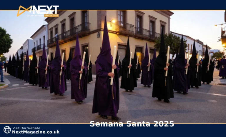 Semana Santa 2025 procession with robed brotherhood members carrying candles through a candlelit colonial street at dusk
