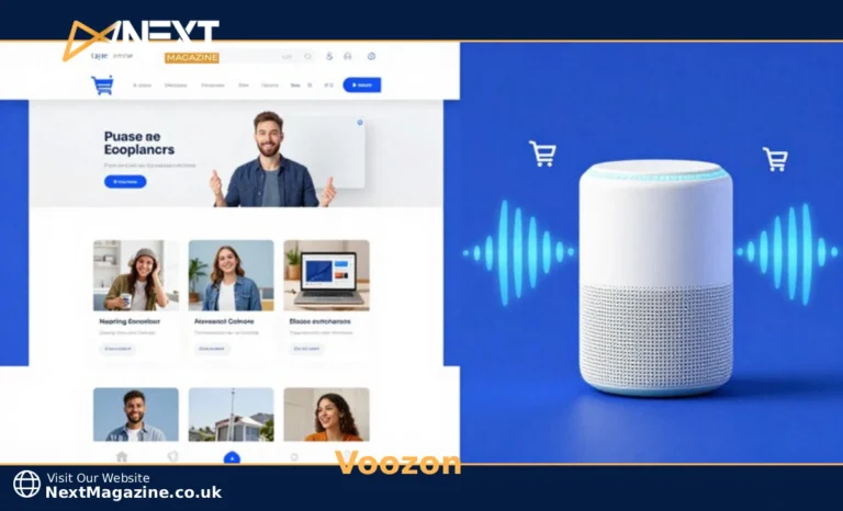Voozon website interface and voice commerce concept illustration showing content platform and smart speaker technology