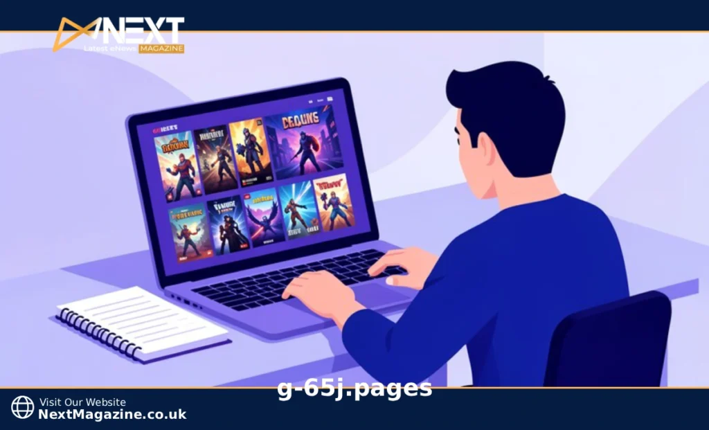Student laptop displaying g-65j.pages unblocked games website with colorful game thumbnails and browser interface
