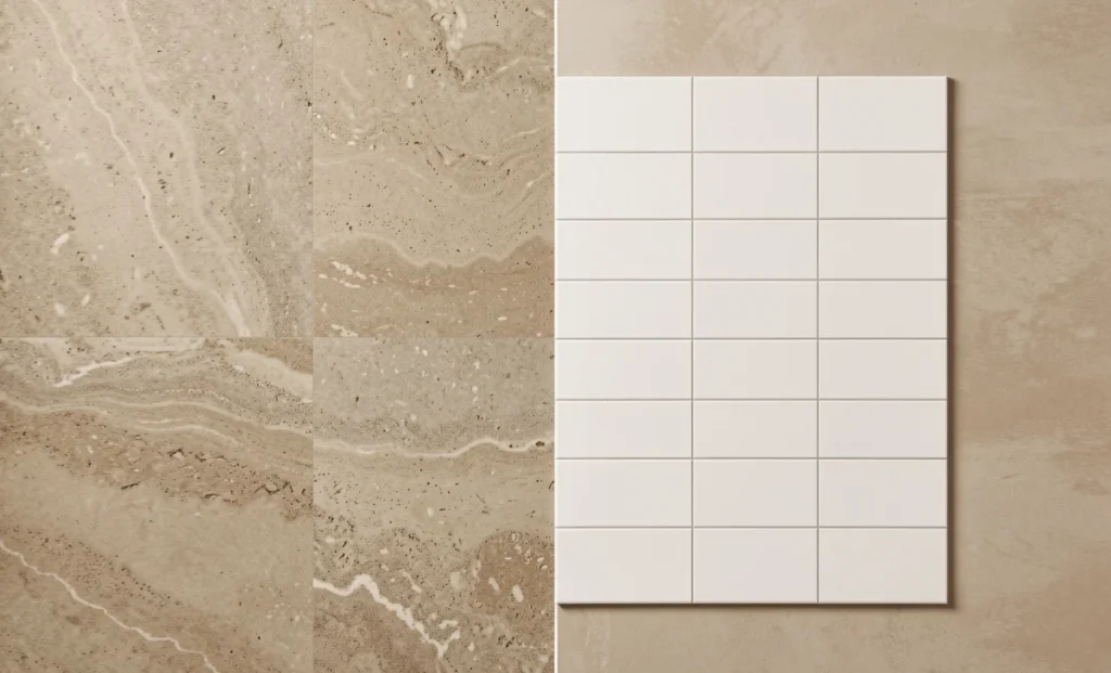 Popular tile combinations used by interior designers including stone-look, metro, and textured tile pairings