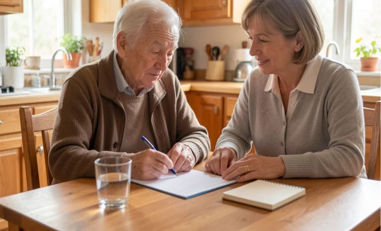 Alzheimer's Disease sitting at a kitchen table with a caring family member reviewing notes together at home