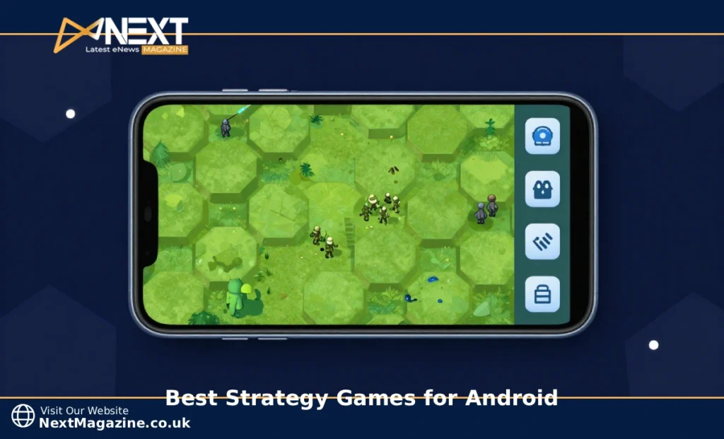 Best strategy games for Android shown on a smartphone with a tactical game map