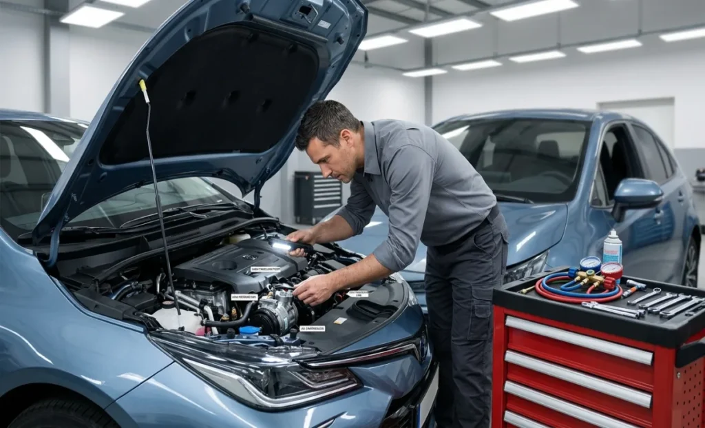 A mechanic inspecting car AC problems under the hood of a sedan with a pressure gauge nearby