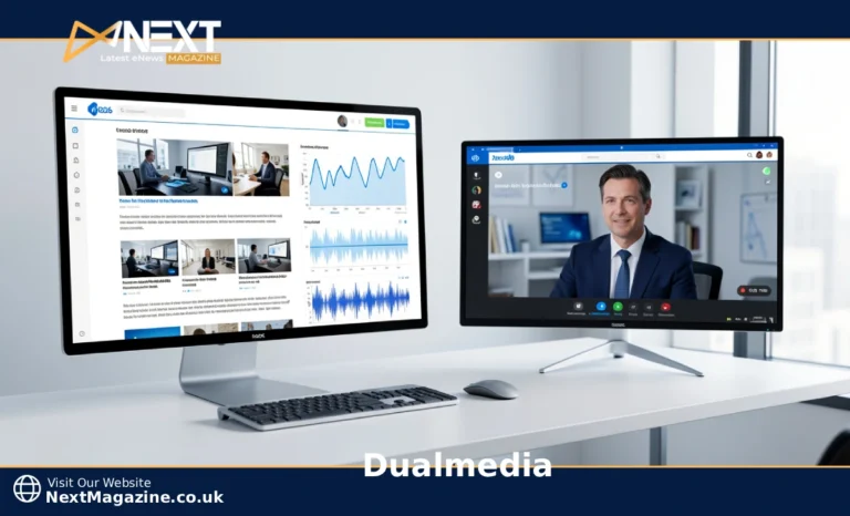 DualMedia tech journalism setup showing article, video, and data chart on screen in 2026