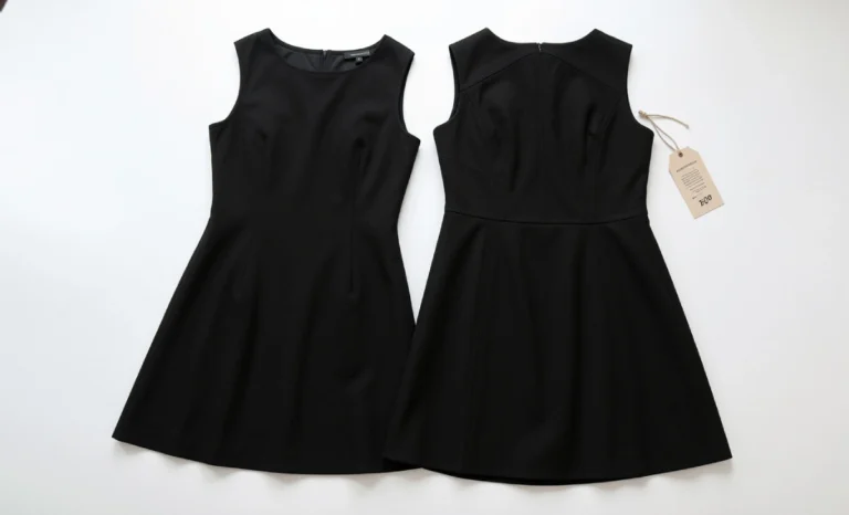 Essential Black Dress placed side by side comparing fast fashion and investment piece quality on a white surface