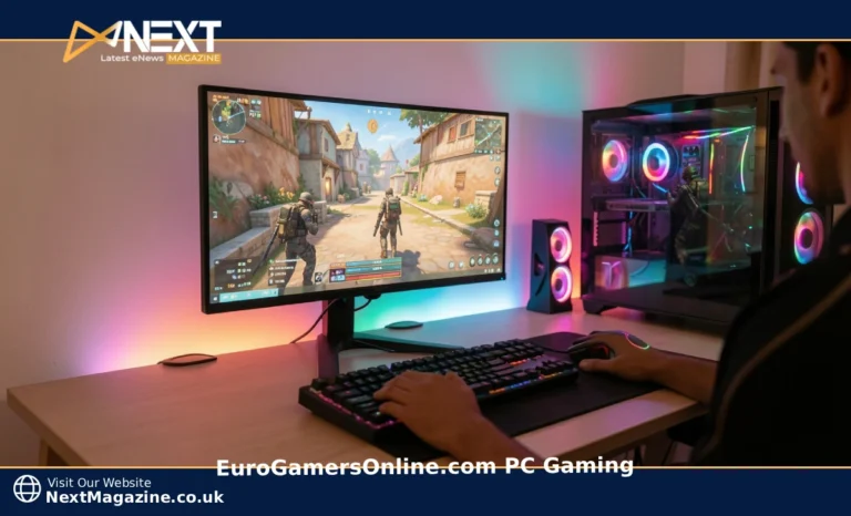 EuroGamersOnline.com PC gaming setup with monitor and keyboard on a clean desk in 2026