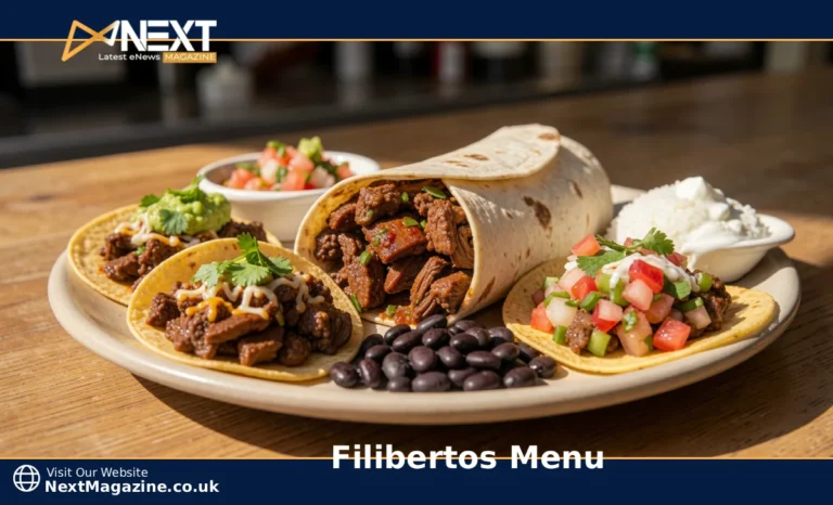 Filibertos menu items displayed on plate including carne asada burrito, carnitas tacos, and grilled chicken with rice and beans