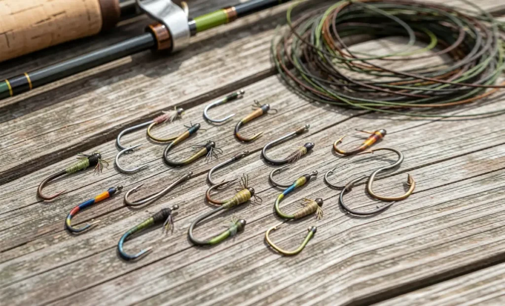 Assorted fly fishing hooks in different sizes and shapes arranged on a wooden surface with a fly rod in the background