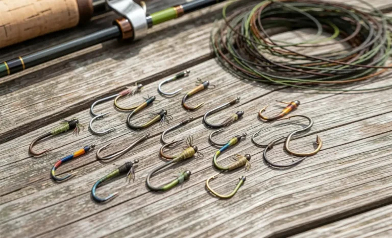 Key Considerations When Choosing Fly Fishing Hooks Assorted fly fishing hooks in different sizes and shapes arranged on a wooden surface with a fly rod in the background