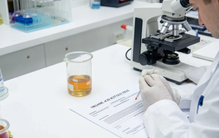 Organic acid test urine sample and lab report being analyzed in a medical laboratory.