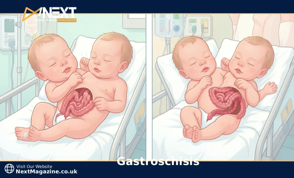 A newborn baby with gastroschisis showing exposed intestines protruding through abdominal wall, requiring immediate surgical treatment and repair
