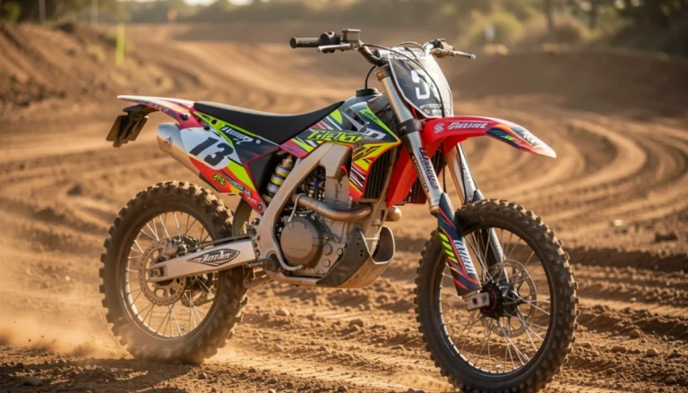 custom dirt bike with colorful graphics kit decals parked on an off-road motocross trail
