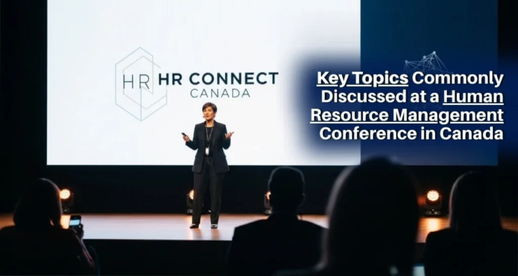HR professionals attending a human resource management conference in Canada, discussing leadership, recruitment, and workplace trends