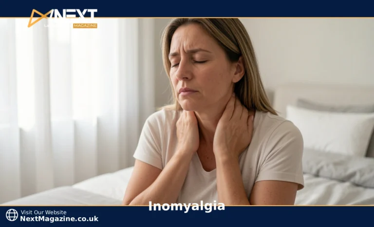 Woman holding her neck and shoulders in pain, representing fibromyalgia and chronic muscle pain symptoms