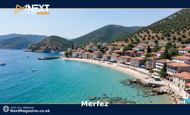 Aerial view of Merfez coastal town in Turkey with turquoise water and old stone streets