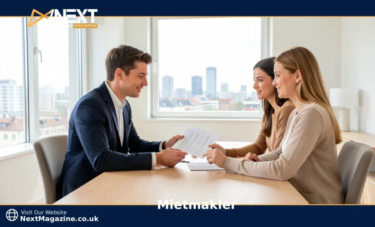 A Mietmakler reviewing a rental contract with tenants in a modern German apartment
