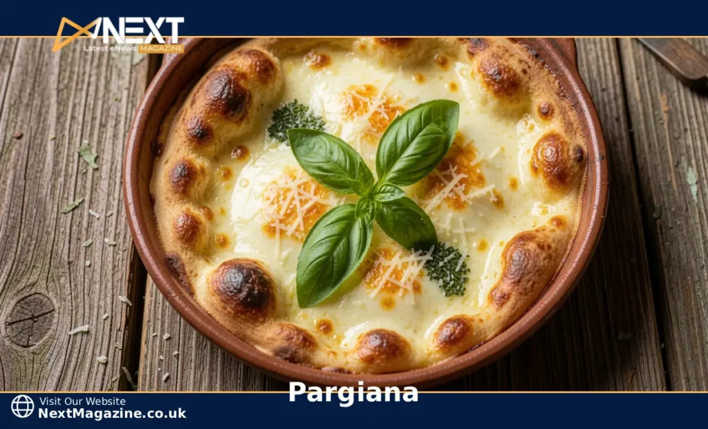A golden baked pargiana with layers of eggplant, tomato sauce, and melted mozzarella topped with fresh basil in a ceramic dish