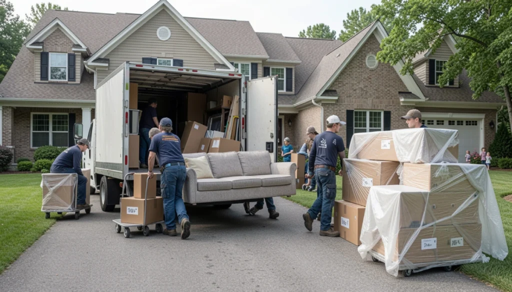 Professional movers loading furniture and moving boxes from a four-bedroom house into a moving truck during a large home relocation