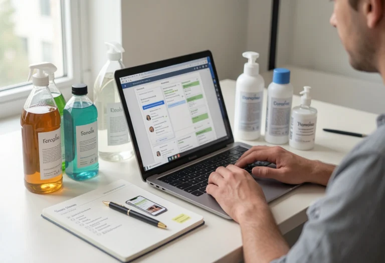 Person researching liquid products online while comparing bottles and reading reviews on a laptop before buying