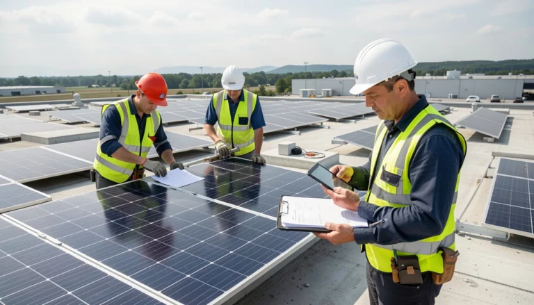 Prevailing wage and apprenticeship compliance on a clean energy construction project with workers installing solar panels and a supervisor reviewing wage requirements for tax credit eligibility.