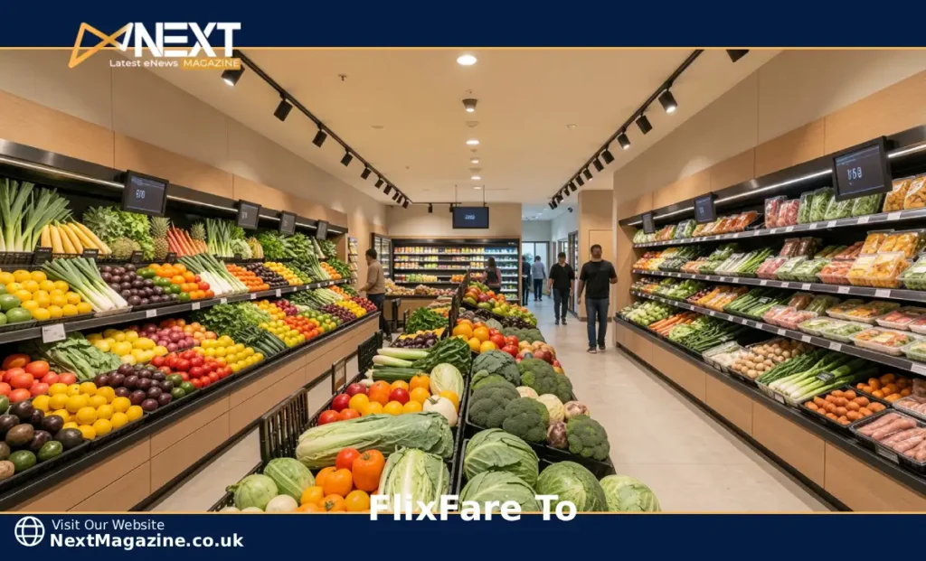 Supermaked store layout showing curated grocery shelves and fresh produce section