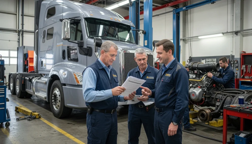 Truck driver and fleet manager reviewing extended warranty coverage while a mechanic inspects a semi-truck at a repair shop