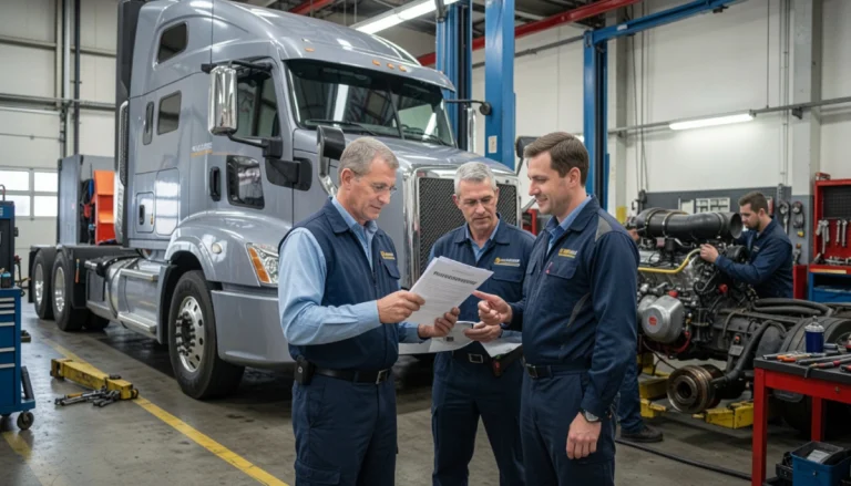 What Drivers Can Expect in a Truck Extended Warranty Truck driver and fleet manager reviewing extended warranty coverage while a mechanic inspects a semi-truck at a repair shop