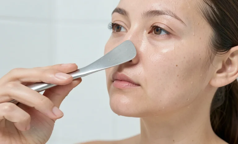 Woman using ultrasonic skin scrubber on damp face to clear blackheads at home