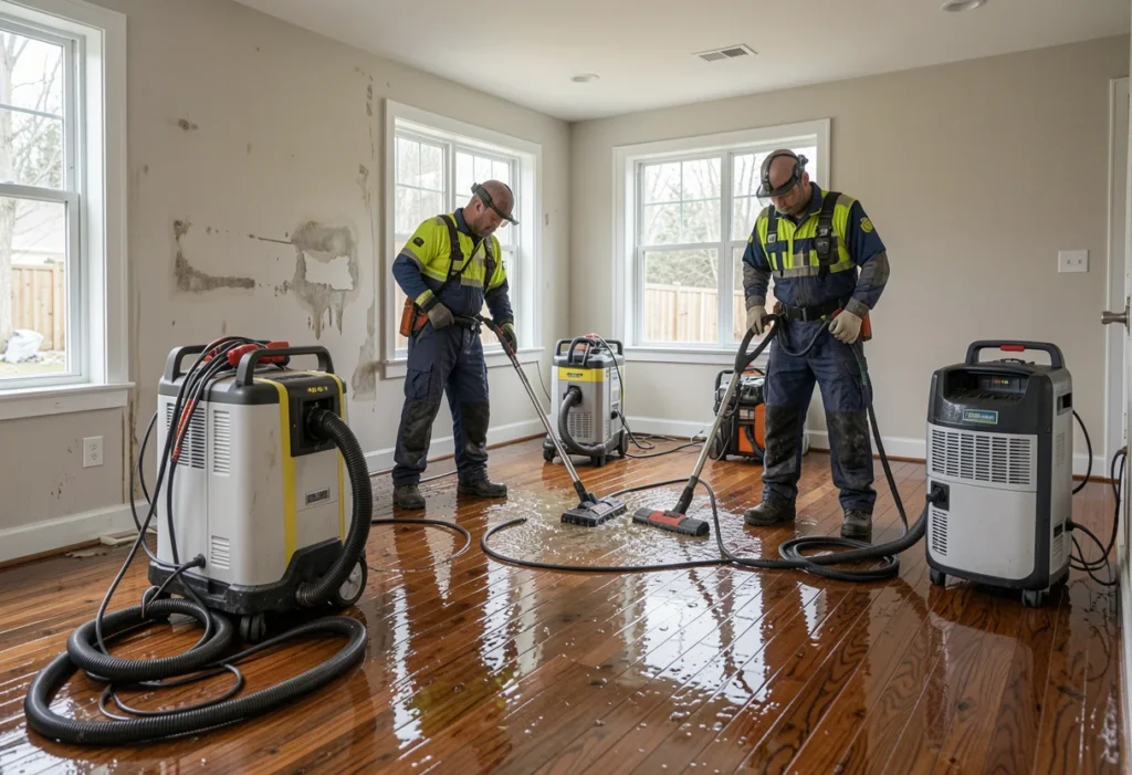 professional water damage restoration service removing water and drying a flooded home interior with industrial equipment