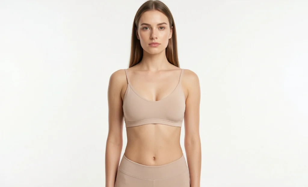 Woman standing with good posture wearing a well-fitted bra against a clean white background showing back support and confidence