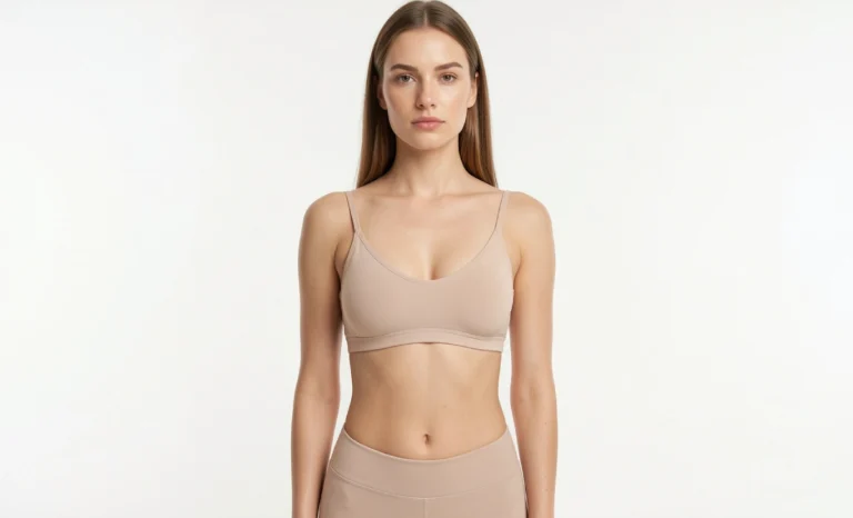 Woman standing with good posture wearing a well-fitted bra against a clean white background showing back support and confidence
