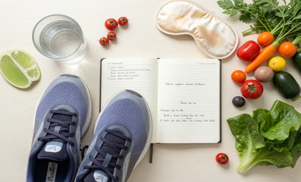 Daily habits for physical and mental health including exercise, sleep, and nutrition