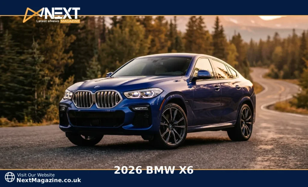 2026 BMW X6 in Tanzanite Blue driving on a mountain road at golden hour