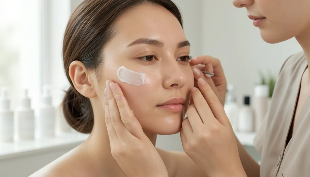Aesthetician recommending clinical skincare products for barrier repair and skin treatment
