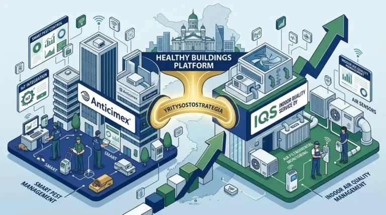 anticimex oy / indoor quality service oy yritysostostrategia - Anticimex Oy acquires Indoor Quality Service Oy. Business acquisition strategy illustration showing pest control and indoor air quality companies merging in Finland market with growth chart and IoT technology elements.