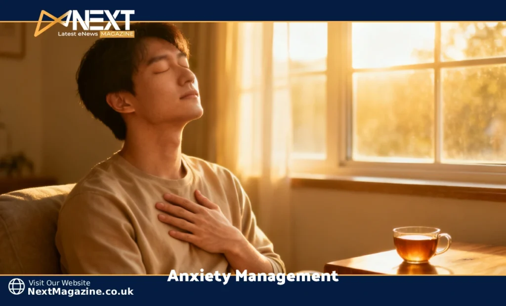 Person practicing deep breathing for anxiety management at home