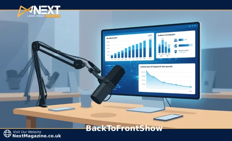 BackToFrontShow pricing plans shown through a podcast analytics dashboard with charts and listener data